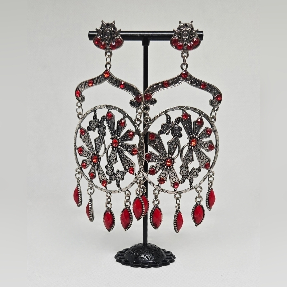 Gothic Red Rhinestone Chandelier Earrings Y2K Victorian Statement